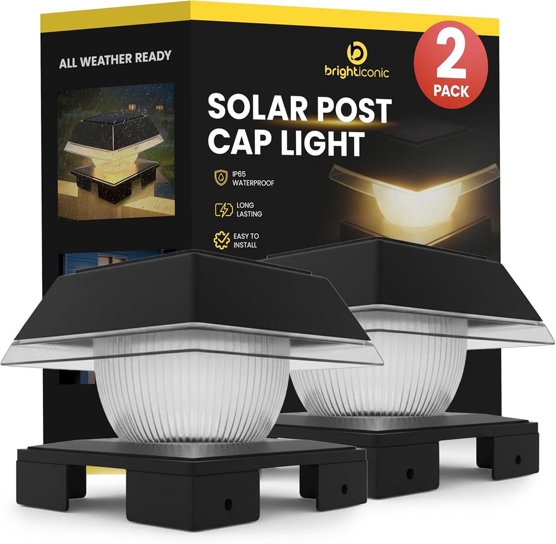 BRIGHTICONIC Solar Post Lights Outdoor, 2 Pack - Dual Color, Warm & Cool White Adjustable - Auto Dusk to Dawn LED Post Lights - Durable, Waterproof IP65 Solar Fence Caps fits 4x4 5x5 6x6 - Black