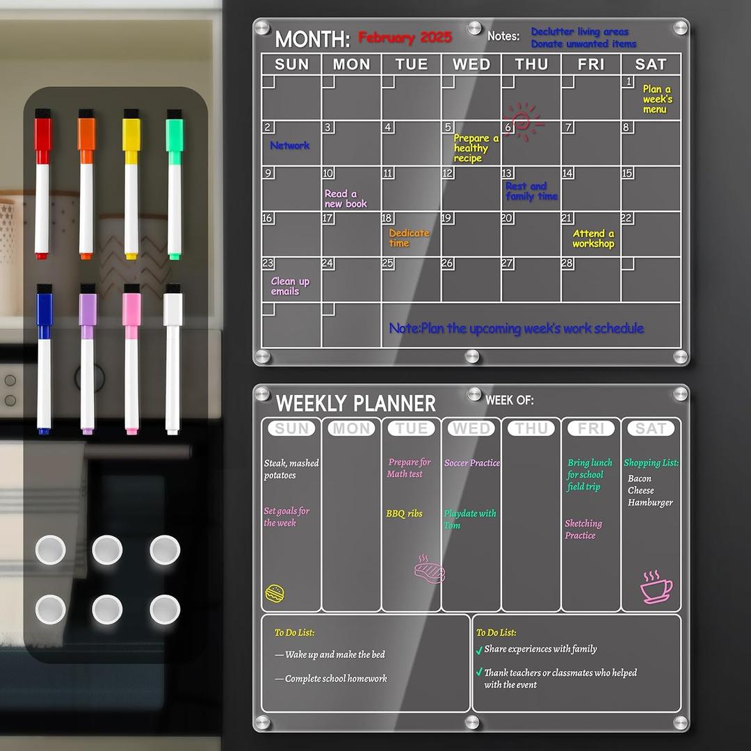 Magnetic Acrylic Calendar for Fridge, 2 Pack Clear Dry Erase Board for Refrigerator, Monthly Planner and Weekly Planner with 8 Colorful Markers, Meal Planner Menu Board for Fridge -14.5''*11.5