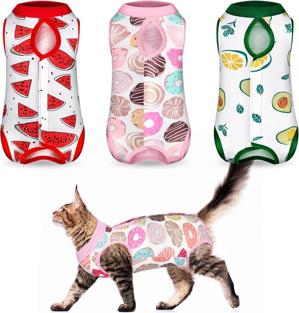 Nuanchu 3 Pieces Cat Recovery Suit Kitten Recovery Suit E-Collar Alternative for Cats and Dogs Abdominal Skin Anti Licking Pajama Clothes Sets(Large,Watermelon Style,Colorful)