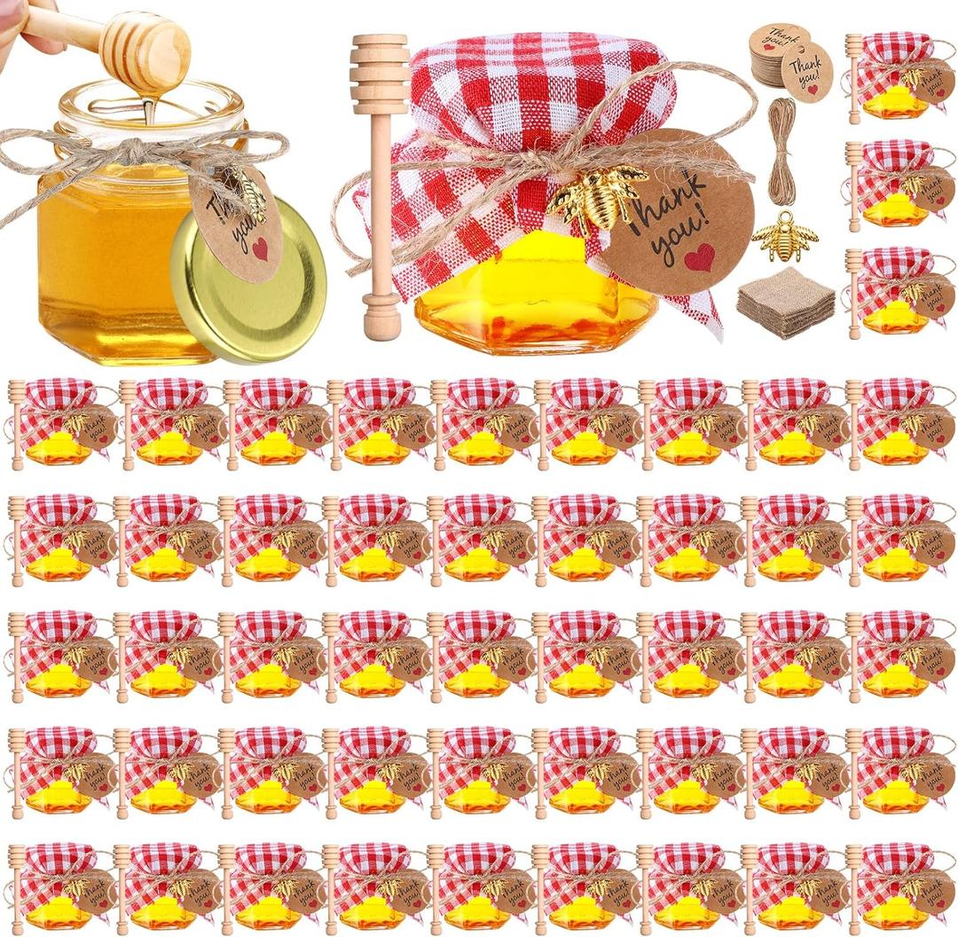 Funnymoom 50 Set Mini Honey Jars Party Favors in Bulk 1.5 oz Hexagon Glass Honey Jar with Dipper Bee Charms Thank You Cards Burlap Jute for Baby Shower Wedding Birthday Gift (Red,White,Vintage)