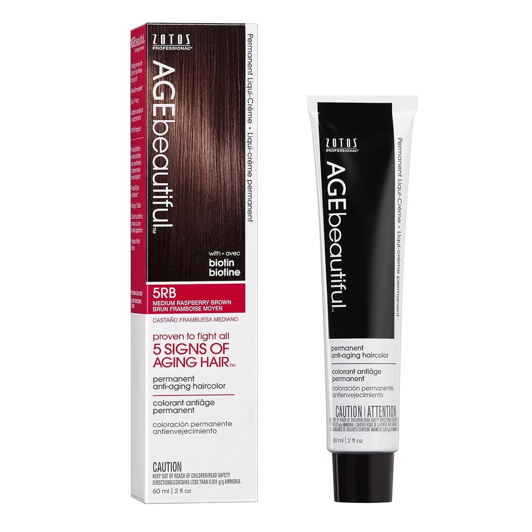 AGE beautiful Permanent Hair Color Dye Liqui Creme | 100% Gray Coverage | Anti-Aging Haircolor | Biotin for Thicker, Fuller Hair | Professional Salon Coloring (5RB Medium Raspberry Brown)