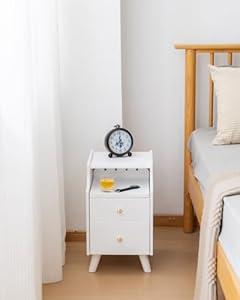 Small Nightstand, Narrow Nightstand, Solid Wood Night Stand, Narrow Side Table for Small Spaces, Couch, White Color 11.81 in Wide