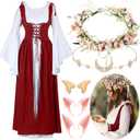 Bonuci 6 Pcs Renaissance Fairy Costume Women Medieval Victorian Dress with Elf Ears Moon Head Chain Flower Crown Cosplay (X-Small, Wine Red)