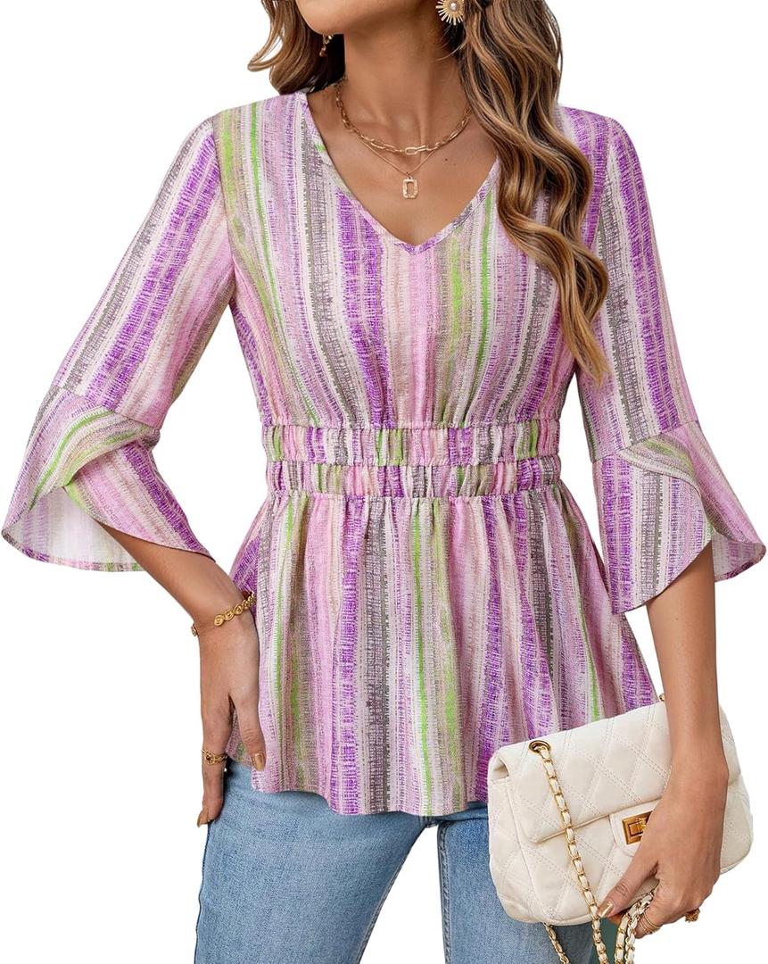 Timeson Women's 3/4 Sleeve Tops Dressy Casual V Neck Floral Blouses Elastic Waist Fall Shirts (Pink, L)