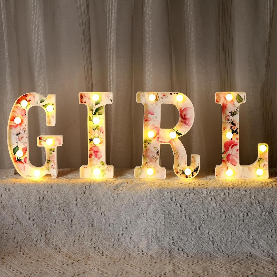 Realspring Girl Letters Sign Baby Marquee Light up Letters LED Flower Baby Shower Table Centerpieces Decor for Gender Reveal Birthday Party, 8.26''(Pink,Rose)