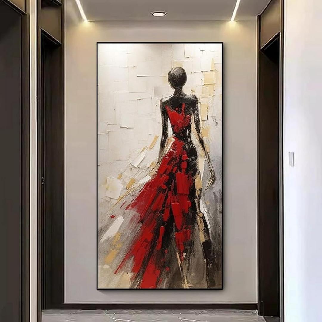 Hand Painted African American Wall Art for Hallway -Black Fashion Women Canvas Oil Painting for Lobby- Framed Textured 3D Artwork for Bedroom Home Decoration 24x48inches, 24x48inches x1