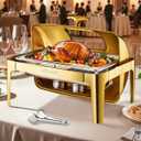 VEVOR Roll Top Chafing Dish Buffet Complete Set, 9Qt Stainless Steel Chafer with Full Size Pan, Rectangle Catering Warmer Server with Visible Lid Water Pan Folding Stand Fuel Holder Meal Clip, Gold