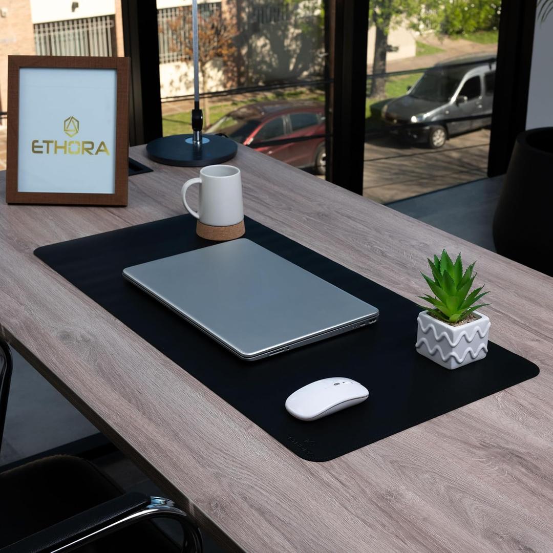 Desk Mat -Computer Desk mat with Non Slip Suede Bottom with Stitched Edges- Waterproof - Leather Desk pad PU Desk Cover for Home, Mouse, Makeup Mat for Vanity (BLACL, 35.4 X 15.7) (Black)