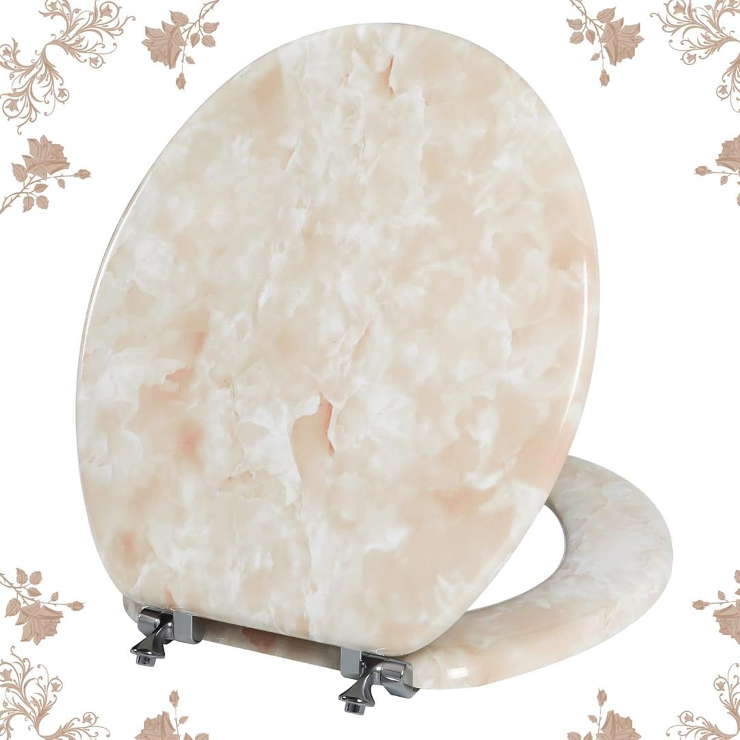 Round Toilet Seat Natural Wood Toilet Seat with Zinc Alloy Hinges, Easy to Install also Easy to Clean, Anti-pinch Marble Toilet Seat by Angol Shiold (Round, Beige Pink) (Round-16.5)