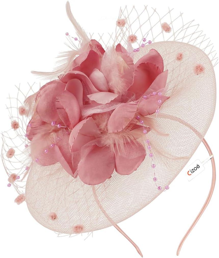 Cizoe Fascinators Hats for Womens 50s Headwear with Veil Flower Cocktail Wedding Tea Party Church Derby Hat (Purple)