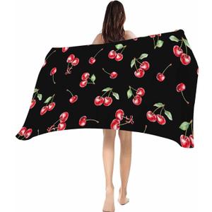 Beach Towels-Absorbent Quick Dry Pool Towel 35x70in,Watercolor Red Cherry on Black Sand Free Oversized Large Bath Towel Soft Blanket for Swim Travel Camping,Farm Seamless Fruit Art