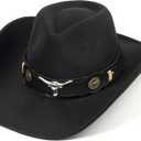 Women & Men Felt Western Cowboy Hat Classic Roll Up Brim Belt Buckle Cowgirl Fedora (M) (Black)
