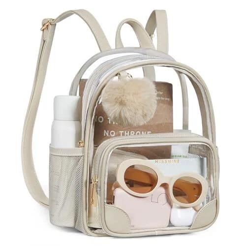 Missnine Clear Mini Backpack Stadium Approved, Thick PVC Mini Clear Bag for Sport Events, Concert, Festival (Khaki-classic)