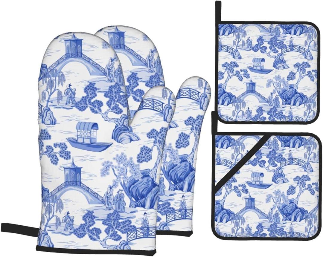 Blue Chinoiserie Pagoda White Oven Mitts and Pot Holders Set of 4, Oven Mittens and Potholders Heat Resistant Gloves for Kitchen Cooking Baking Grilling BBQ