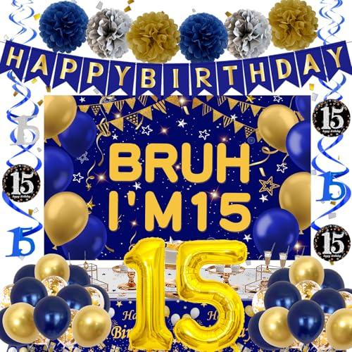 15th Birthday Decorations for Boys, Blue and Gold Happy 15th Birthday Decorations Boy, Bruh I'm 15 Backdrop Happy Birthday Banner Tablecover Number 15 Balloons Pompoms,15 Year Old Boy Bday Party Decor