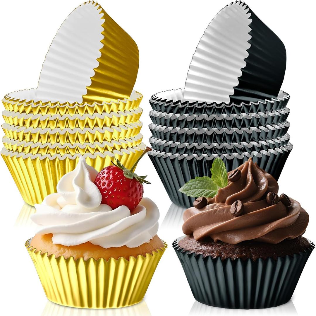 2 x 200PCS Black and Gold Cupcake Liners Muffin Baking Cups Wrappers for Retirement Birthday Party Supplies Disposable Cupcake Papers for Black Golden Masquerade Party Decorations