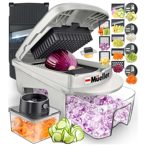Mueller Pro-Series All-In-One, 12 Blade Mandoline Slicer For Kitchen, Food Chopper, Vegetable Slicer And Spiralizer, Cutter, Dicer, Grater, Kitchen Gadgets Sets With Container, White Sand/Gray
