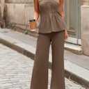 Tankaneo Womens 2 Piece Outfits Summer Strapless Tube Tops Wide Leg Pants Cotton Vacation Pleated Matching Lounge Set