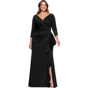 Xscape Women’s Techno Scuba V-Neck Three Quarter Sleeve Floor Length Dress (Plus), Black, 16W