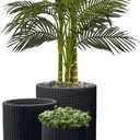 Keter Cylinder Set of 3 Rattan Resin Planter for Indoor and Outdoor Plants Ideal Decorative Planter for Porches and Patio Decor, Black