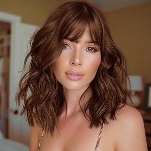 Lativ Reddish Brown Wig with Bangs Short Wavy Wigs for Women Shoulder Length Curly Bob Wigs Heat Resistant Synthetic Wigs for Halloween Cosplay Daily Party Use 14 Inches  DREAM Deluxe Wig Cap - Beige Nude