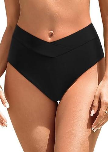 Zmart Womens High Waisted Bikini Bottoms - V Cut Full Coverage Bathing Suit Swimsuit Bottom with Twist Front L
