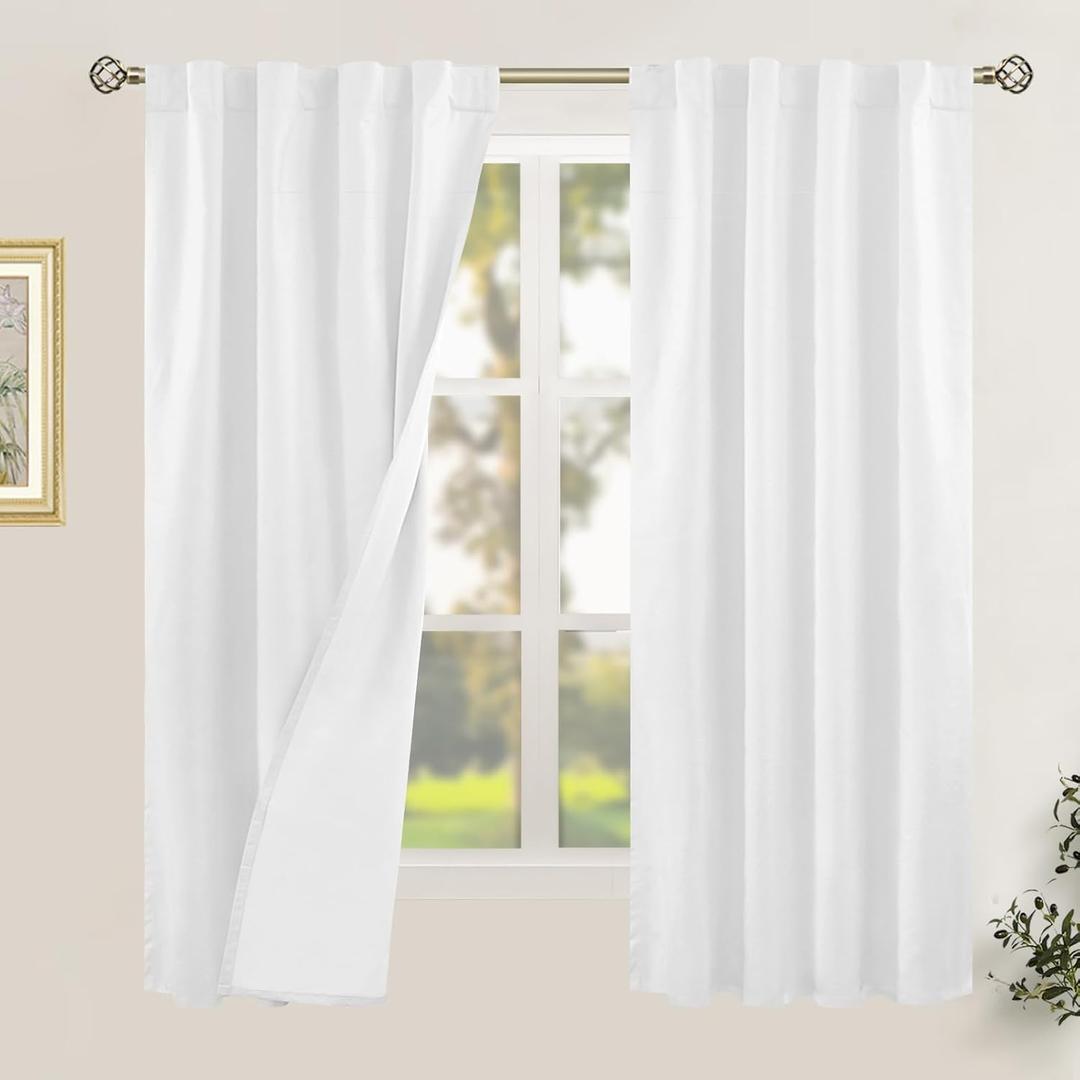LAMIT White 100% Blackout Linen Curtains, 63 Inches Linen Textured Thermal Bedroom Curtains Back Tab and Rod Pocket Neutral Panels with White Liner for Short Windows, 2 Panels, 38 x 63 Inch