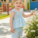 Mioglrie Toddler Girl Summer Outfits Baby 2T 3T Girl Clothes Blue Daisy Girls Spring Outfit Ruffle Sleeveless Top Shorts with Headband 3PCS Clothing Set