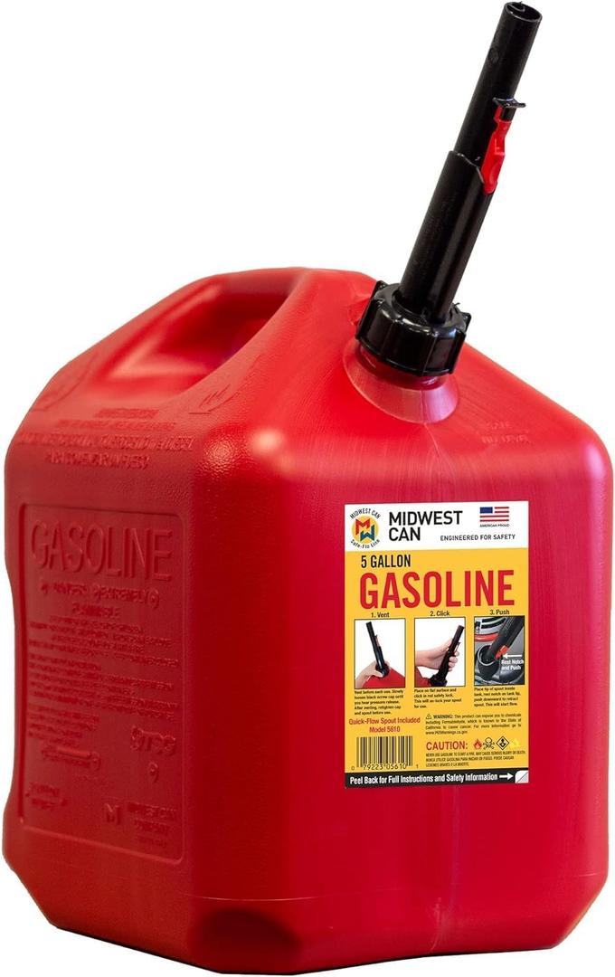 Midwest Can 5610 Safe-Flo Auto Shut Off 5 Gallon Gas Can  Durable Fuel Containers with FlameShield Safety System & Quick-Flow Spout - Red - 1 Pack