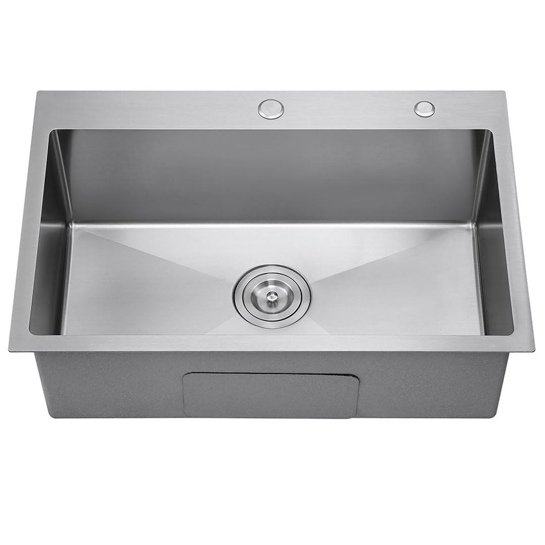 27 Inch Drop in Kitchen Sink with 2 Holes, 18 Gauge 304 Stainless Steel Topmount Single Bowl Handmade Kitchen Sink Brushed Nickel, D27" x W18" x H9"