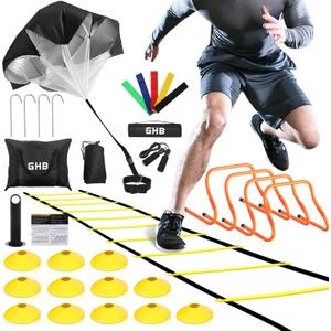 GHB Agility Ladder,Football Training Equipment Set,4 Agility Hurdles, 20 feet12 Rungs Speed Ladder,12 Disc Cones,Resistance Parachute, Jump Rope, 5 Resistance Bands (Yellow)