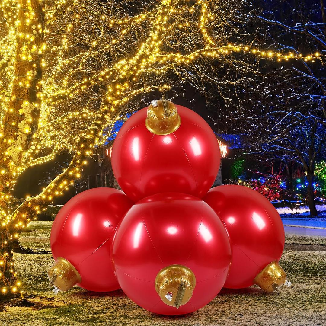 Jetec 4 in 1 17.7 Inch Giant Inflatable Christmas Ball PVC Christmas Ornaments Ball Connected and Fixed Outdoor Indoor Decorations Xmas Blow up Ball for Yard Lawn Holiday(Red)