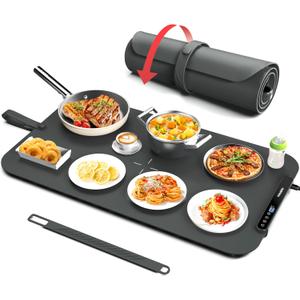 Food Warming Mat, iTRUSOU Silicone Electric Warming Tray with 7 Temp-Settings, 1-8Hr Auto Shut-Off, Switchable Fahrenheit/Celsius, Upgrade Strap Keep Food Warm at Buffet, Party, Sabbath, Daily Use (Dark Grey)