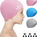 2 x 3 Pack Kids Swim Cap for Boys Girls, Unisex Silicone Swimming Caps for 3-15 Toddler Children Teen, Waterproof Bathing Caps for Short/Long Hair to Keep Hair Dry