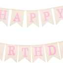 Burlap Happy Birthday Banner, Assembled Pink Bow Birthday Garland Happy Birthday Sign for Rustic Birthday Party Decorations