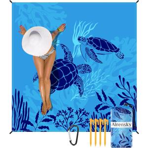 Airensky Beach Blanket, Sandproof Beach Mat 79" X 82" for 4-7 Adults, Large Waterproof Beach Blanket Compact Lightweight Beach Blanket with 4 Stakes for Picnic Camping Travel Hiking(Blue Turtles)