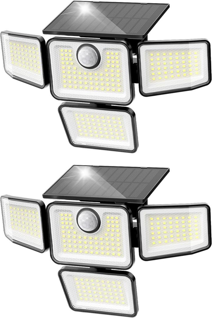 3000LM Solar Lights Outdoor, 4 Adjustable Heads Motion Sensor Security Light, 3 Modes, 6500K, IP65 Waterproof Solar Wall Flood Lights for Garden, Outside, Backyard, 2 Pack