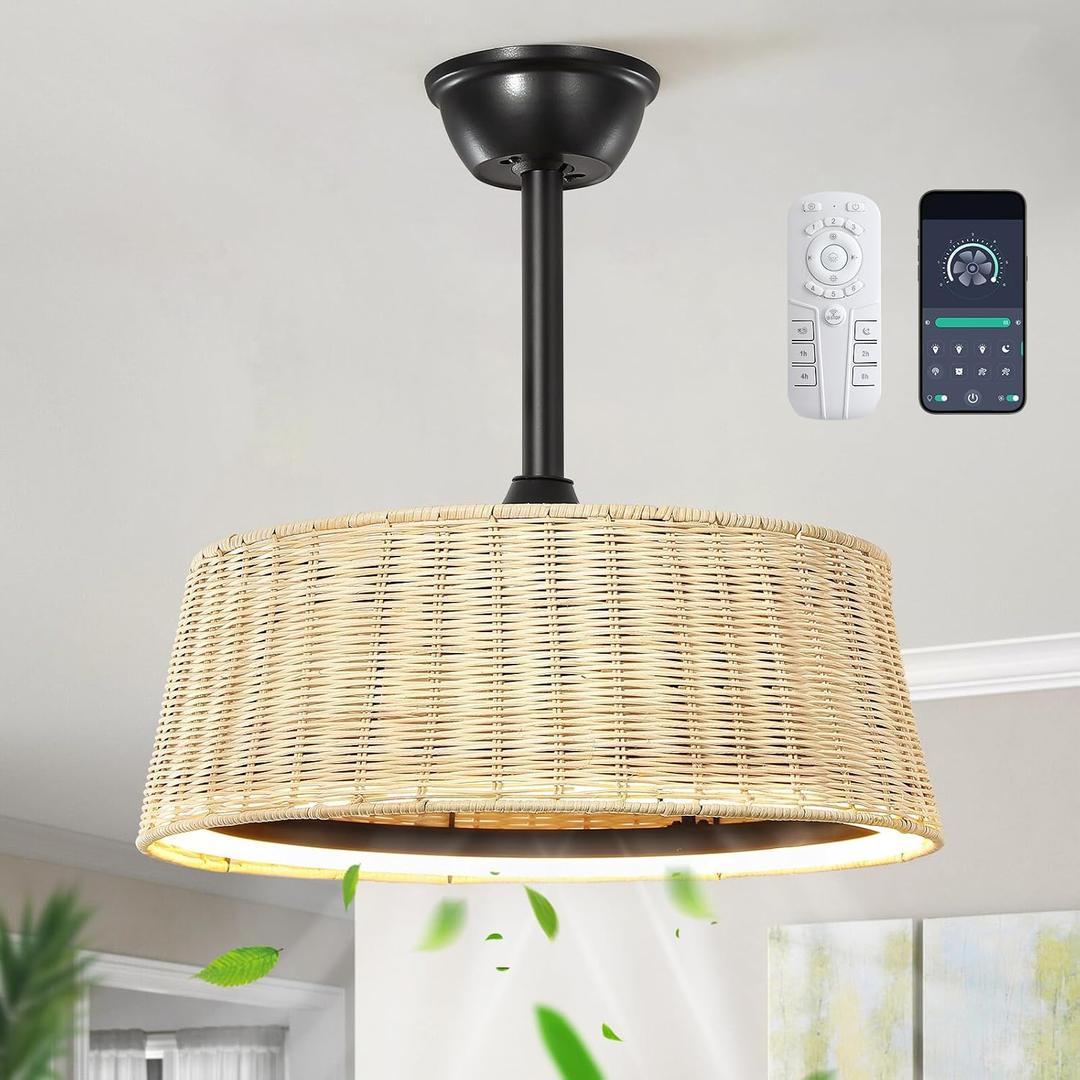 KAISITE 20 Inch Fandelier Ceiling Fan with Light Woven Rattan Ceiling Fan Dimmable LED Fan Light with Remote Control and APP Control Semi Flush Mount Ceiling Light with Fan for Bedroom Nursery