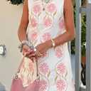 Women's Elegant Floral Print Sleeveless Short Dress French Romantic Style Crew Neck Beach Vacation Tunic Dresses (M)