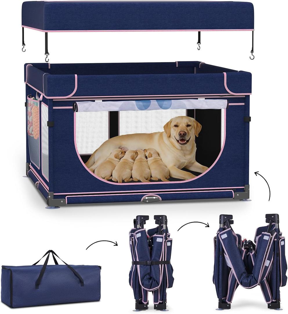 LOOBANI Foldable Whelping Box for Dogs and Puppies: 1 Min Setup Pet Puppy Playpen Indoor with Cover & Waterproof Bottom, Portable Birthing Box for Dog Cat Duck-43.3"x43.3"x27.1"Patented (Blue+Pink)