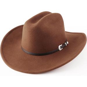 AQOKKA Western Cowboy Hats for Women Classic Felt Wide Brim Fedora Hat with Belt Buckle Retro Panama Hat Unisex Rolled up Cap (1 Pc Fedora Hat : Khaki)