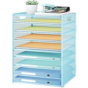 Subekyu 9 Tier Paper Letter File Tray Organizer for Desk, Large Mesh Desk Folder Sorter Organizer with Handle, Include 6 Pcs Adjustable Height Slid Tray for Office Home School Supplies Storage, Blue