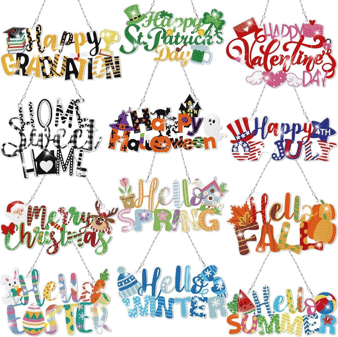 Cinnvoice 12 Pcs Seasonal Diamond Art Wreath Kits Holiday 5d DIY Diamond Painting Signs Germ Hanging Art Ornaments for Wall Door Decorations (Seasonal), 8.66 x 12.01 x 1.38 inches