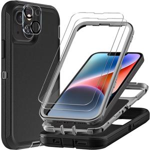 for iPhone 13 Case with 2Pcs Tempered Glass Screen Protector and 1Pcs Camera Lens Protector, Military Grade 3 in 1 Heavy Duty Shockproof/Drop Proof/Dust Proof Case (Black/Grey)