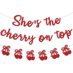 She's The Cherry On Top Banner, Cherries Bridal Shower Bachelorette Party Decorations, Cherry on Top Baby Shower Party Decorations Red Glitter