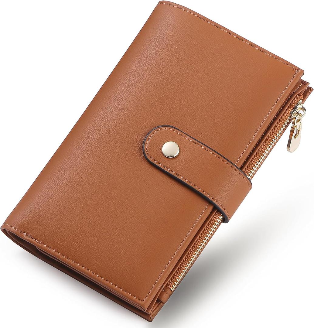 Wallet Women RFID Blocking Multi Cards Wallet Credit Card Holder for Women Large Capacity Lady Leather Trifold Travel Wallet with Pen Holder (2Brown)