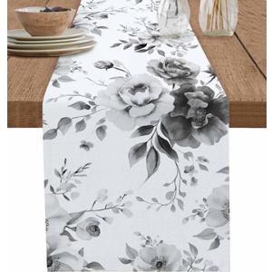 Watercolor Ink Flowers Table Runner Dresser Scarves,13x60In Non-Slip Table Dress Scarf Abstract Color Gradient Floral Kitchen Dinner Tables Decor for Dining Room/Banquet/Party Black White Grey