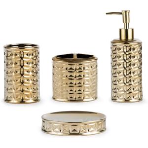 Gold Bathroom Accessory Set, 4-Piece Ceramic Bathroom Decorations Accessories Sets Includes Lotion Dispenser, Toothbrush Holder Tumbler and Soap Dish