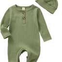 Infant Boys Girls Clothes Set Newborn Baby Romper Hat Ribbed Knit Long Sleeve Button Solid Bodysuit Jumpsuit (Green, 0-3 Months)