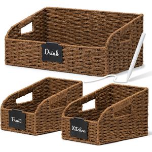 Pantry Organizers, Large Wicker Baskets for Shelves, Labeled Storage Baskets for Organizing with Handles - Paper Storage Bins for Shelves, 3 Pack, Brown